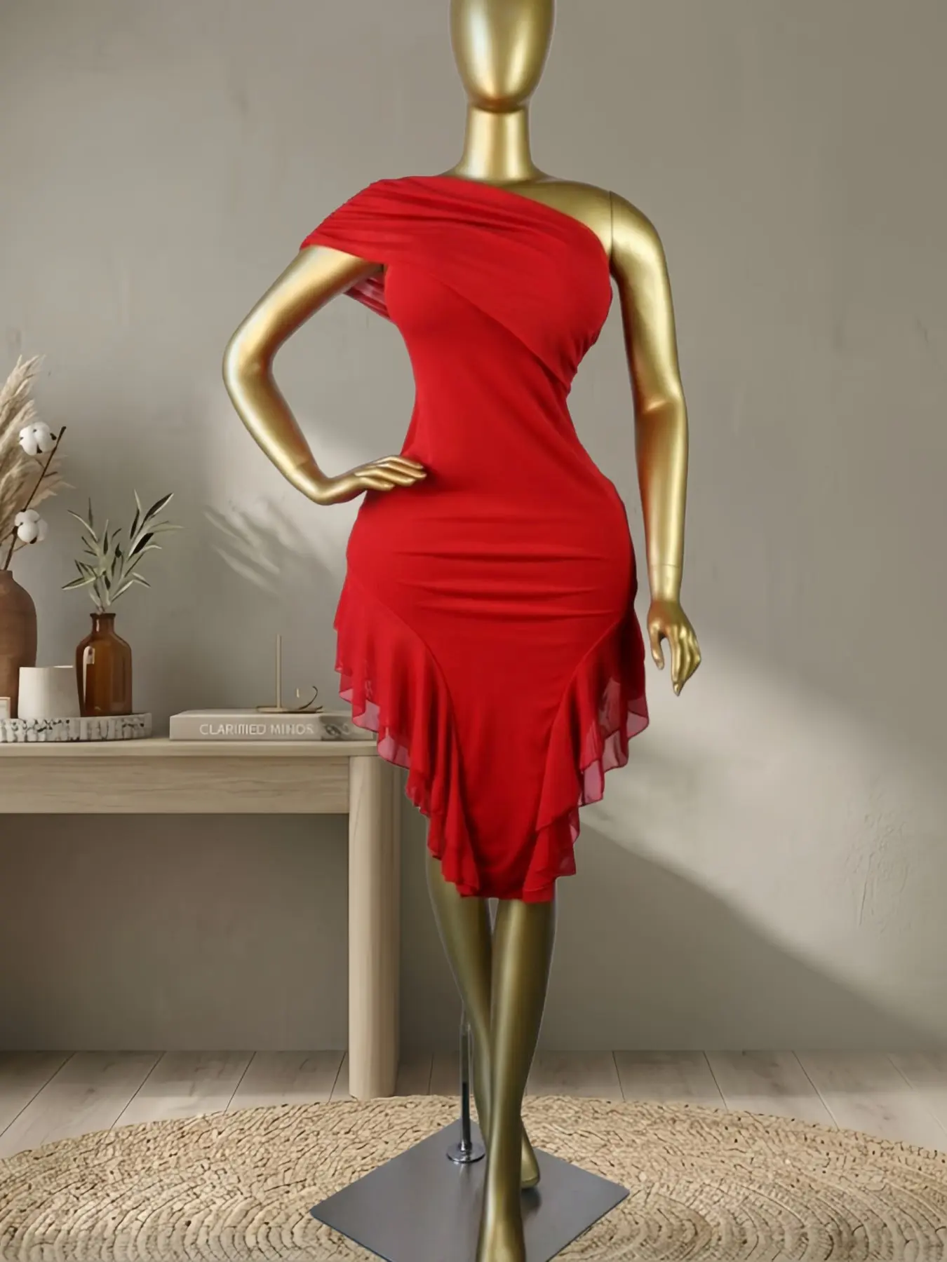 QFAF Women Dress Red One Shoulder Bodycon Dress, Valentine's Day 2026 Formal Wear Sexy Fitted Red Midi Dress, Ruched Waist Slim Fit Cocktail Dress, Asymmetrical Neckline, Elegant Draped Design Aesthetic, Date Night Party Evening Dinner Holiday Outfit