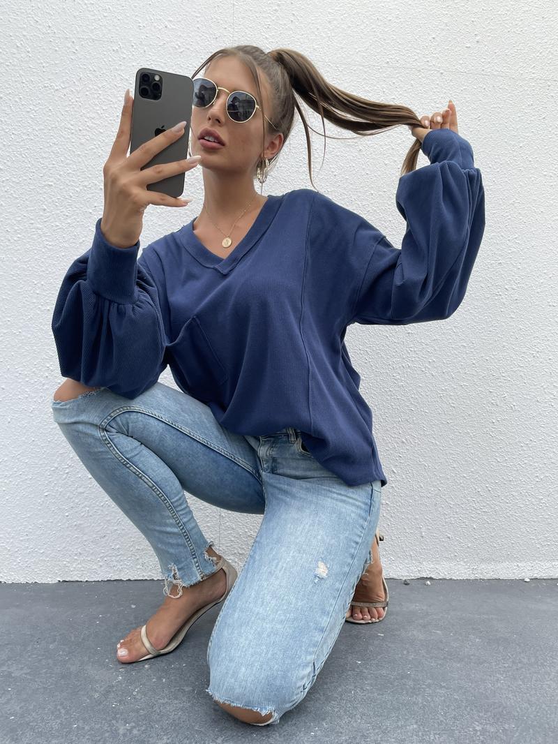 BTFBM Women's Casual Basic V-Neck Ribbed Knitted Shirts Pullover Tunic Tops Loose Balloon Sleeve Blouses Top