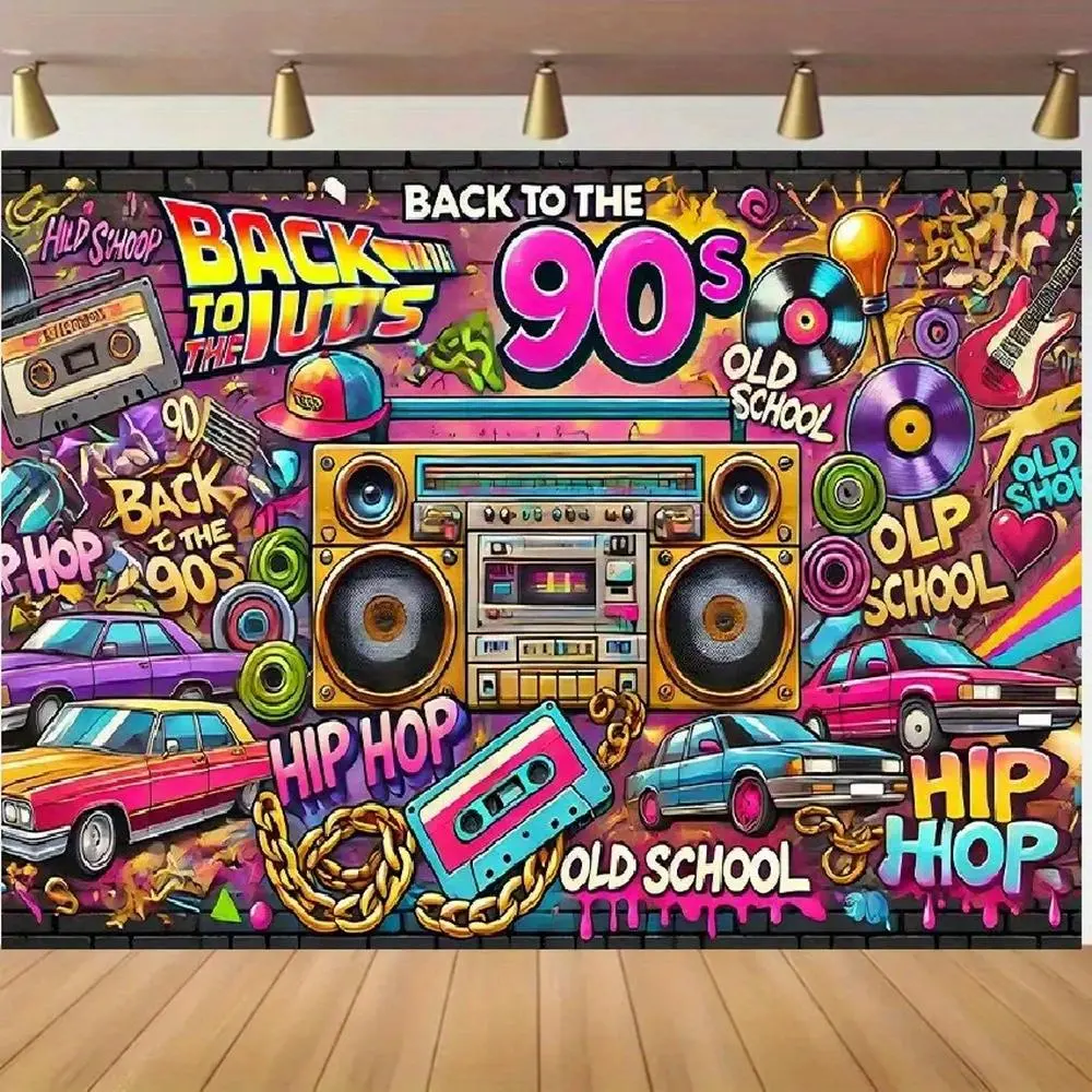 1pc Polyester 2D Flat Retro 90s Hip Hop Backdrop - Colorful Neon Design with Boombox, Cars, Durable, Vibrant Party Decoration Supplies for Birthdays, Banners, Happy Birthday