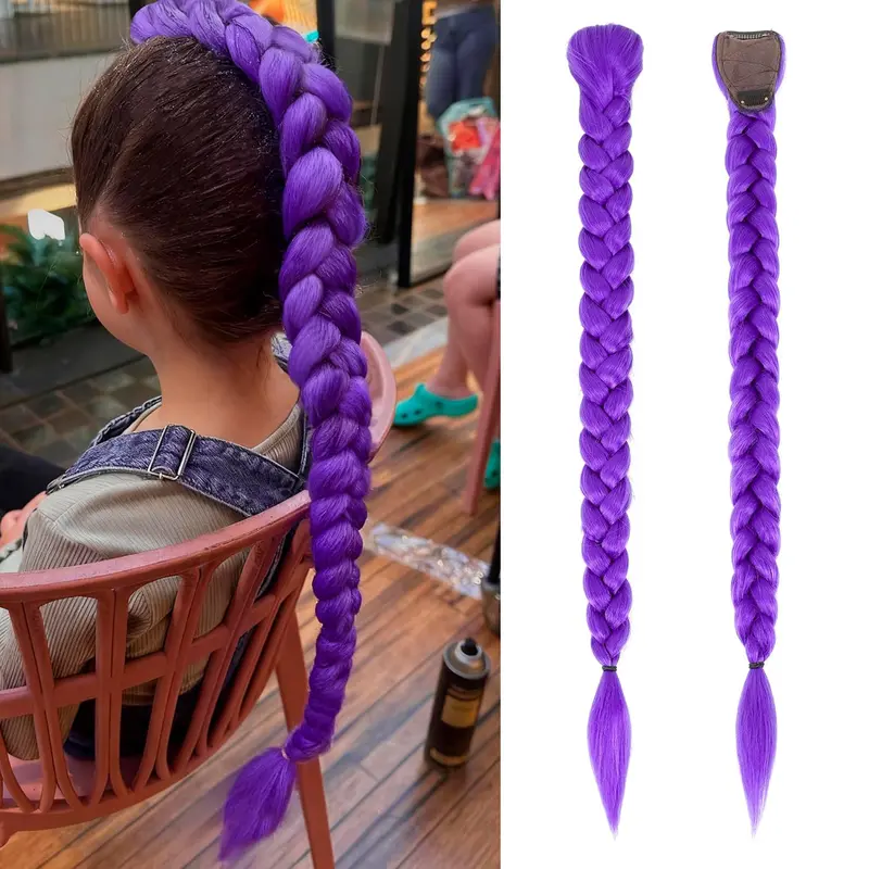 VOSILK 26in 150g Synthetic Braided Clip Hair Extensions - 1pc Pre-Stretched Synthetic Braids, Easy Clip-in Pony for Halloween, Birthday Parties, Animation Shows, Natural Fluffy Knotless Styles, Natural-Looking Stage Use