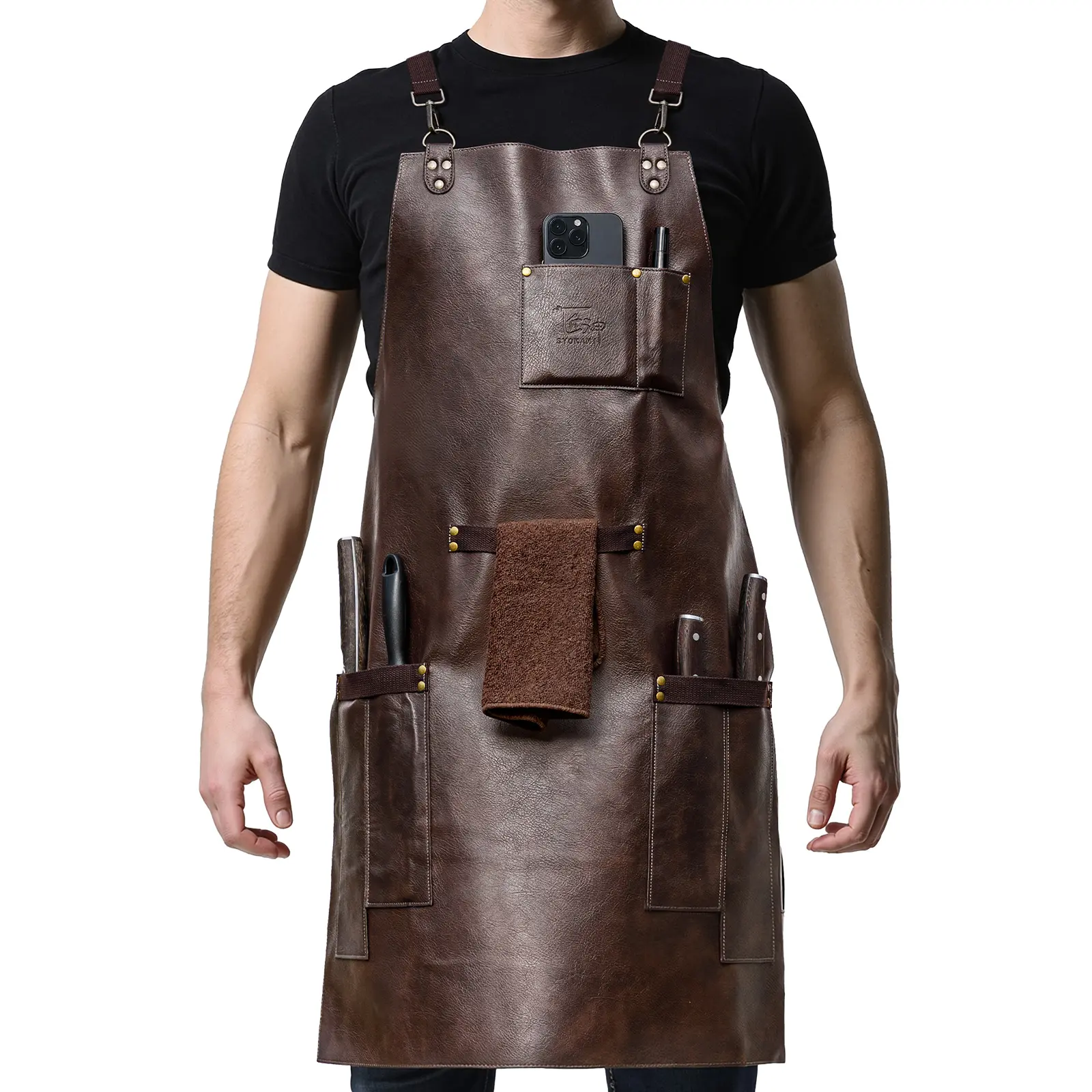 【DealsForYouDays】SYOKAMI Bonded Leather Chef Cooking Apron for Men, Cross Back Apron for All-Day Comfort, Waterproof Apron with Multiple Pockets, Great for Kitchen, Garden, BBQ, Butcher Work or Crafts, Ideal Gift