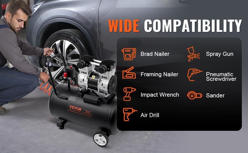 VEVOR Air Compressor Compact Portable Oil Free, Max. 15 Gallon Steel Tank, 2HP 5.3 CFM@90 PSI Oil Free Air Compressor & Max. 125PSI Pressure, 78dB Ultra Quiet Portable Compressor, for Auto Repair VEVOR Air Compressor Compact Portable Oil Free, Max. 15 Gallon Steel Tank, 2HP 5.3 CFM@90 PSI Oil Free Air Compressor & Max. 125PSI Pressure, 78dB Ultra Quiet Portable Compressor, for Auto Repair