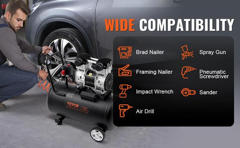 VEVOR Air Compressor Compact Portable Oil Free, Max. 15 Gallon Steel Tank, 2HP 5.3 CFM@90 PSI Oil Free Air Compressor & Max. 125PSI Pressure, 78dB Ultra Quiet Portable Compressor, for Auto Repair
