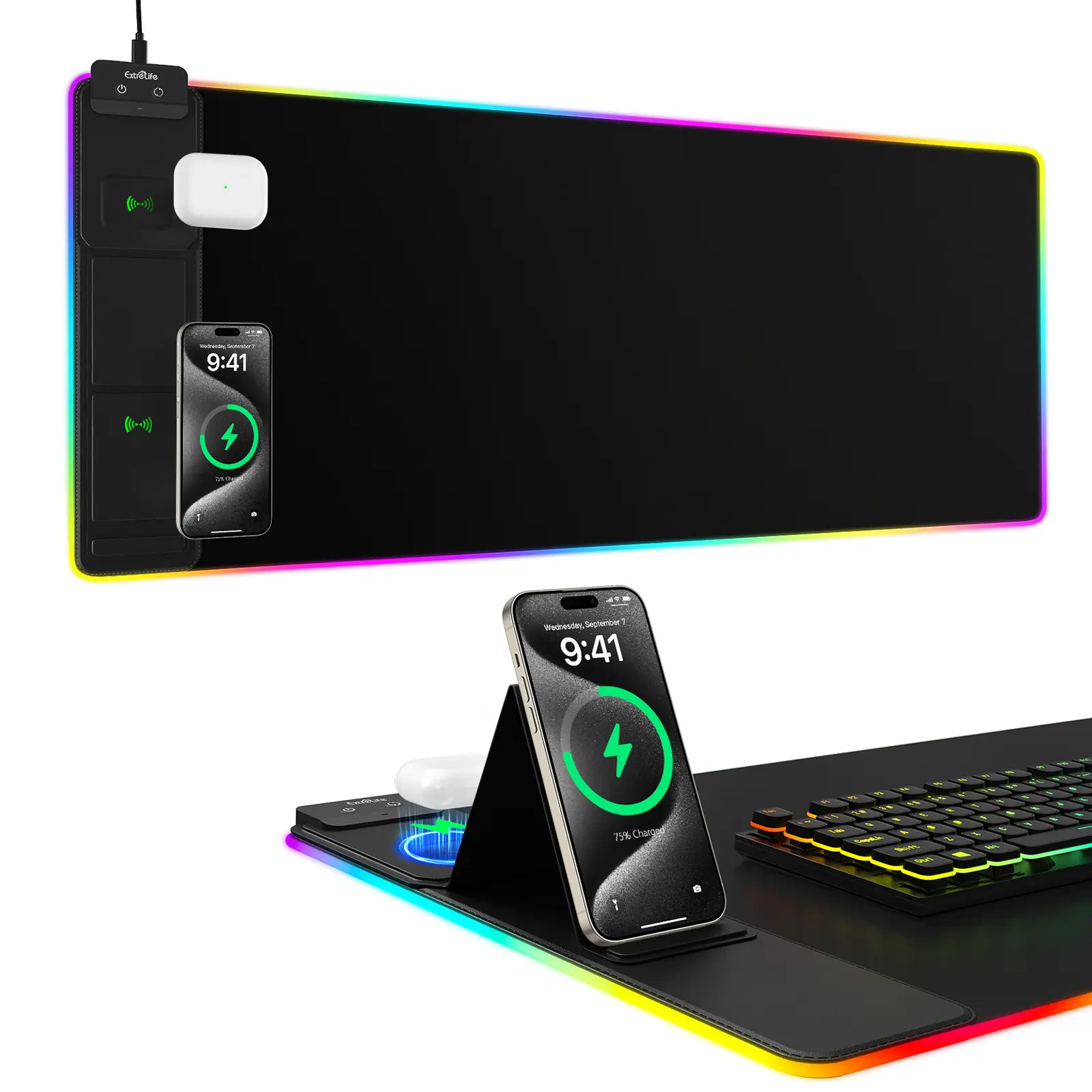 XXL Gaming Mouse Pad with Magnetic Wireless Charging, RGB Black Mousepad Desk Mat with 15W Fast Charger, Waterproof Laptop Writing for Office, Home, Gaming Desktop Accessory  gaming desk accessories gaming room SummerWins tiktokshopbacktoschool