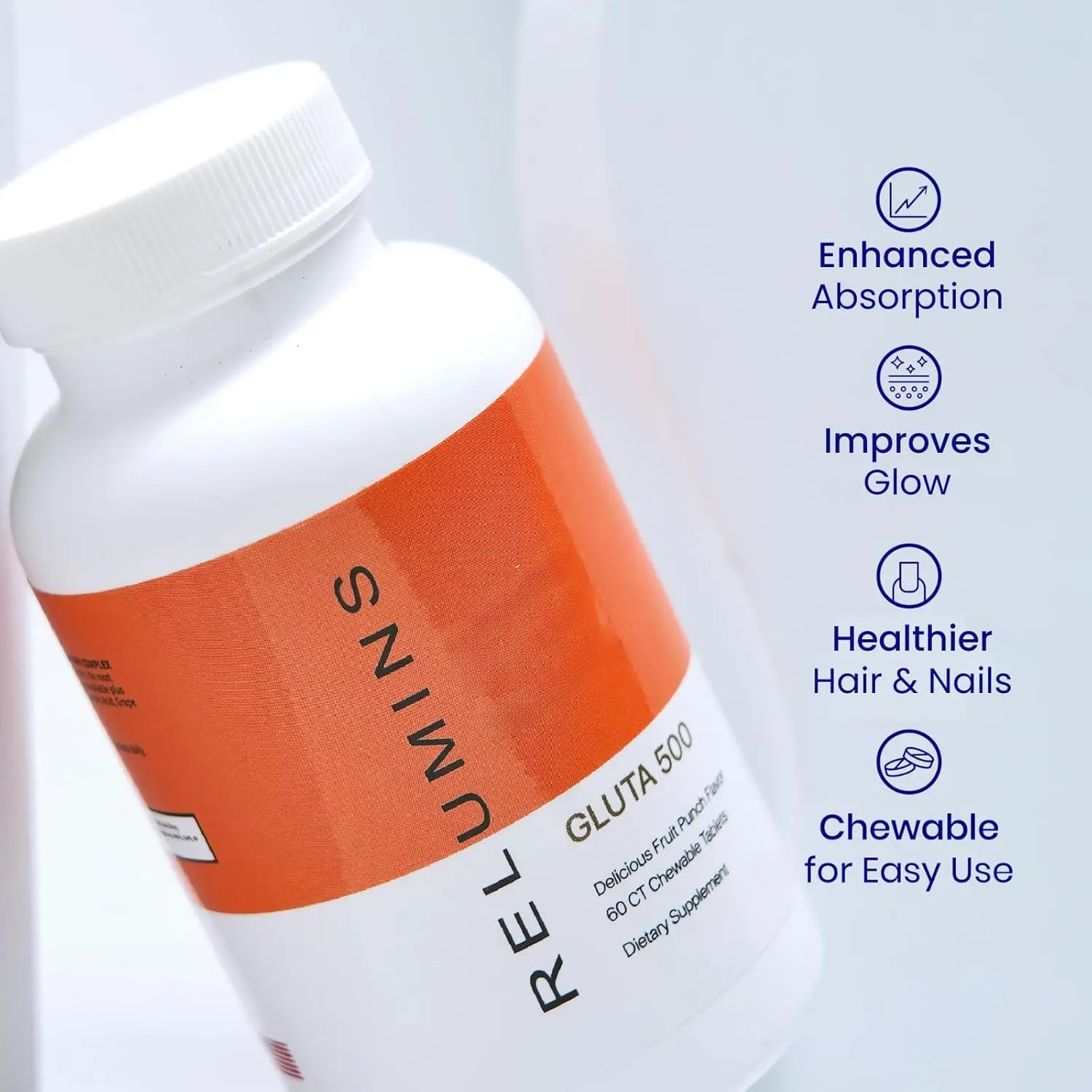 Relumins Gluta 500 Chewable Tablets with Glutathione, Hyaluronic Acid, Vitamin  C, Biotin & Collagen – Supports Skin Tone & Glow – Fruit Punch Flavor –  Made in USA – 60 Tablets