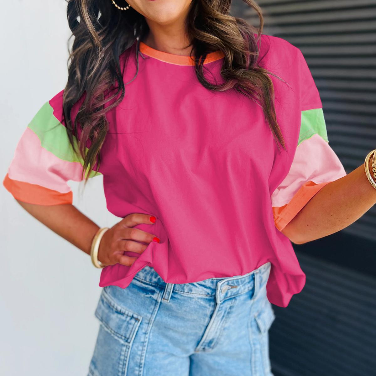 Mntaor Colorblock Stitching Sleeve Crewneck Oversize Top - Comfortable Casual Style with Round Neck and Block Stitching,Winteroutfit