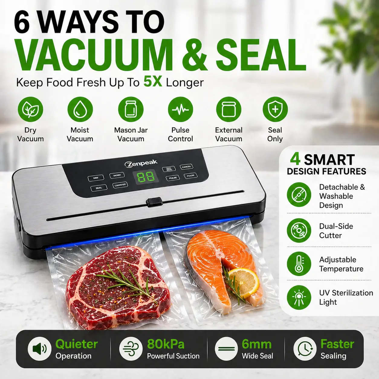 Zenpeak External Kitchen Vacuum Sealer Machine - Detachable Bottom Tray, Dry & Moist Modes, Pulse Control, Adjustable Temperature, 6mm Wider Seal, Built-In Bag Cutter, Mason Jar Compatible, Seal-Only Mode for Meal Prep, Food Storage tiktokshopbacktoschool