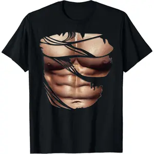 Fake Muscles Ripped Torn Chest Six Pack Abs Fitness Model Casual Short Sleeve Cotton T-Shirt