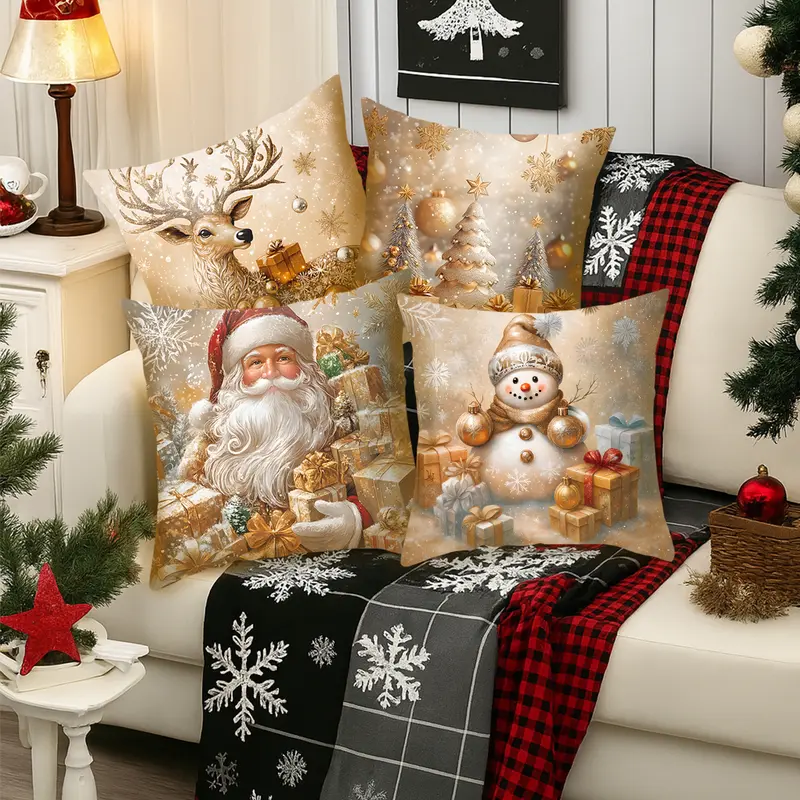 4pcs Set of 18x18 Inch Christmas Throw Pillow Covers,  Winter Holiday Cushion Case Decoration, Snowman Christmas tree Designs, ZipperClosure,Linen,Peach Skin, Merry Christmas Decor 2026 for Home, Couch, Sofa, Living Room – No Inserts Included