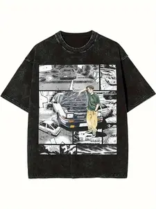 Retro style comic pattern printed men's washed short-sleeved T-shirt, loose round neck design, suitable for daily party wear