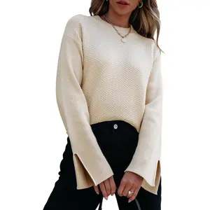 Mntaor Women's Solid Winteroutfit Textured Knit Sweater with Split Cuff and Drop Shoulder - Womenswear, Pullover Long Sleeves Casual Comfort Knitwear Round Neck