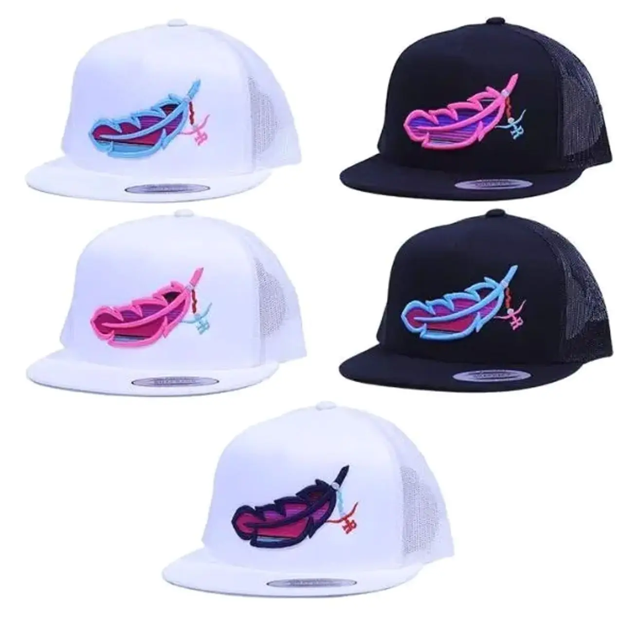 Feathered Outlaw Snapback Hat, Black & Hot Pink Mesh Trucker Cap, Bold Western-Inspired Streetwear Hat for Men & Women