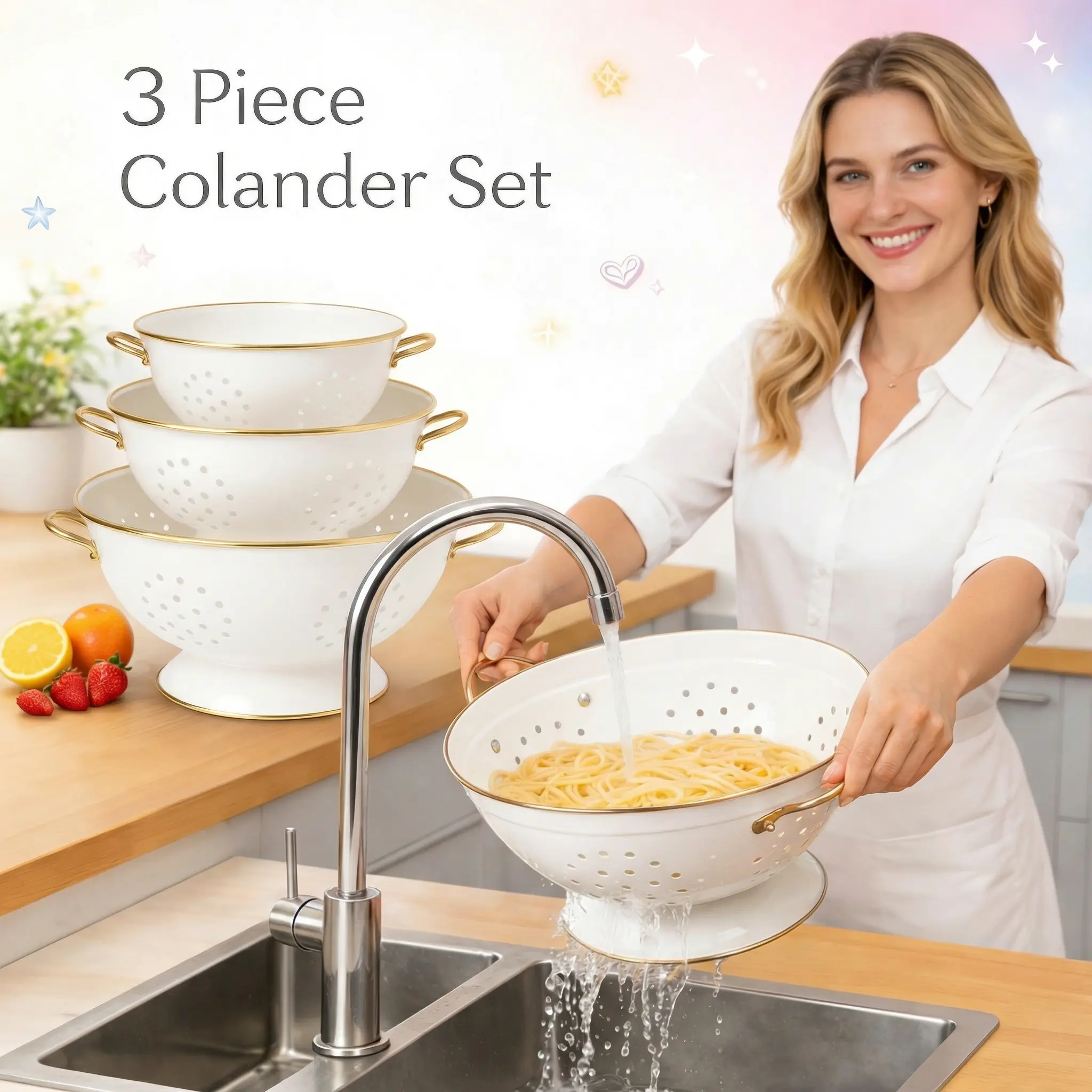 Iswins 3-Piece Kitchen Steel Strainer & Colander Set - Multi Functional Sifter, Kitchen Sink Strainer, Vegetable Colander with Solid Base and Handles for Pasta, Multi Functional Strainer
