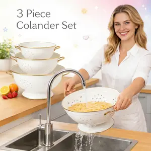 Iswins Kitchen Metal Strainer Set Solid Base Colander Set of 3 with Handles for Pasta