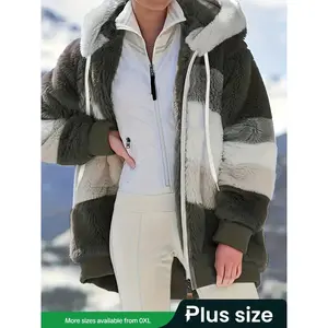 Women's Fall Winter Warm Casual Hooded Jacket, Plush Patchwork Zipper Pocket Design, Loose Fit Outdoor Sports Social Wear, Faux Fur Coat, Outerwear, Trendy, Versatile, Comfort, Style, Outfit, Essential