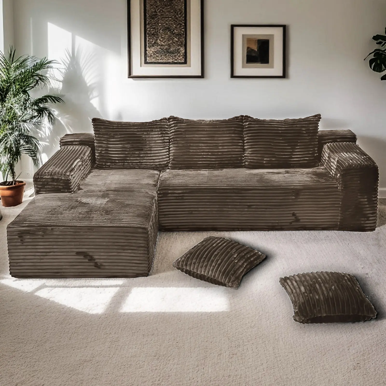 【2 Packages Shipping】106"Boneless Cloud Sectional Sofa, Modern Minimalist Oversized L-Shaped Modular Sectional Sofa With Chaise Lounge, No Assembly Required, Black/Khaki Living Room Furniture sofa bed