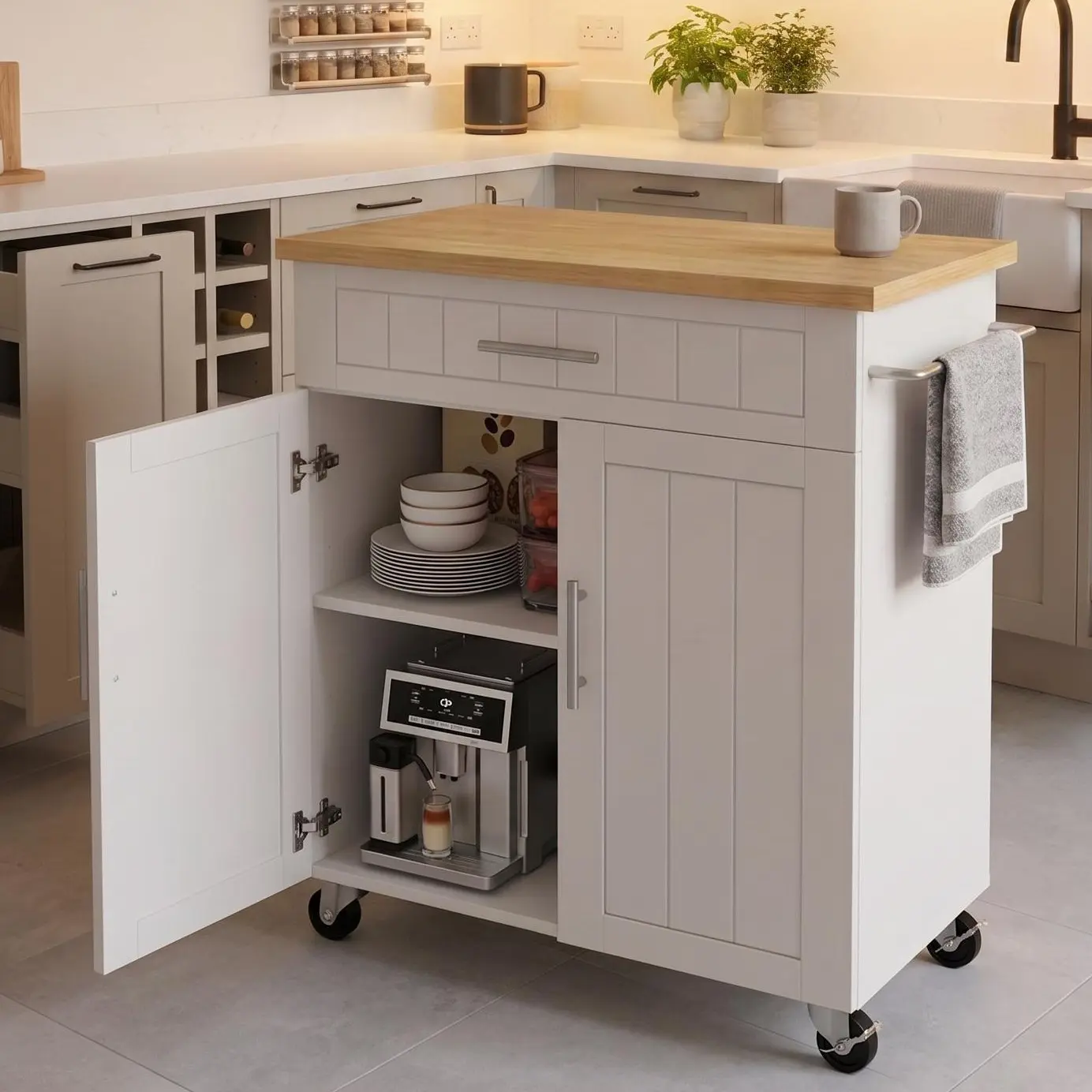 Walsunny 26'' Wheeled Kitchen Island with Storage, for Appliances, Dining Area, Space-Saving Home Organizer Utility Cart