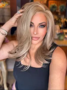 MACA BAKA Hana Dirty Blonde Layered Highlight Lace Front Wig with Scandinavian Hairline 16 Inches Medium Length Low Density Natural Wavy Mixed Sand Blonde HD Synthetic Lace Front Wigs for Women Pre Plucked
