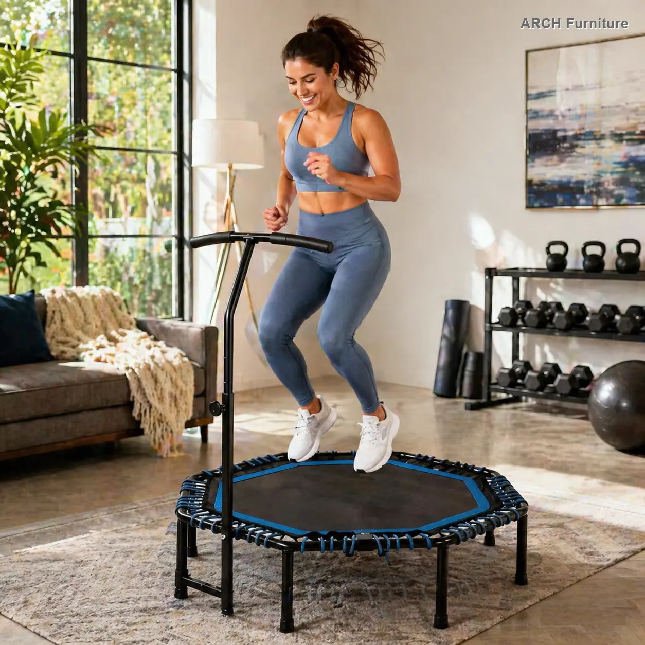 48-In Foldable Fitness Trampoline Rebounder for Adults - Adjustable Handlebar, 450lbs High Weight Capacity, Durable Bungee Ropes, Stable & Quiet Operation, Versatile Home Gym Cardio Strength Training, Multiple Color Options