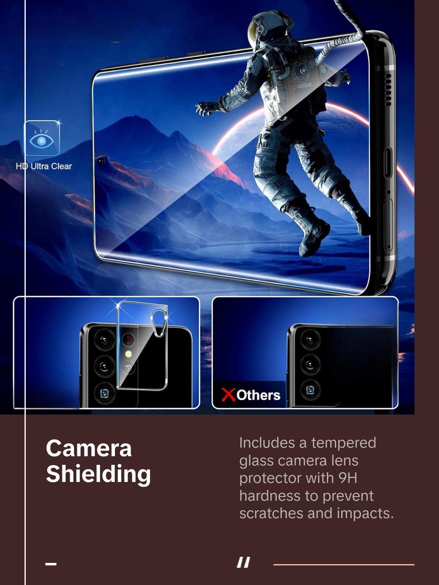 [2+2 Pack] Galaxy S21 Ultra Screen Protector Tempered Glass for Samsung Galaxy S21 Ultra 5G, Ultrasonic Fingerprint Compatible,3D Curved,HD Clear with 9H Tempered Glass Camera Lens Protector Shockproof Automatic