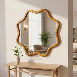 Wave and Petal Contour Solid Wood Wall Mirror - Decorative Hanging Mirror for Entrance, Dressing Table, Bedroom and Bathroom