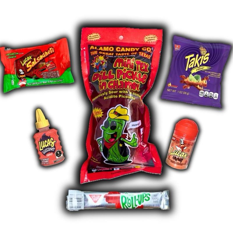 Chamoy Pickle Kit( Mini Tex) Spicy With Takis, Lucas Candy(6 PC) - Mexican Candy, Spicy Candy, Lucas Snack, Tangy Snack/ Candy, Dulces Mexican candy snack, easy snack