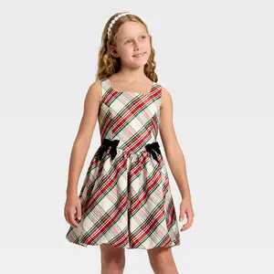 Girls' Plaid Bubble Dress - Cat & Jack Cream/Red/Green S