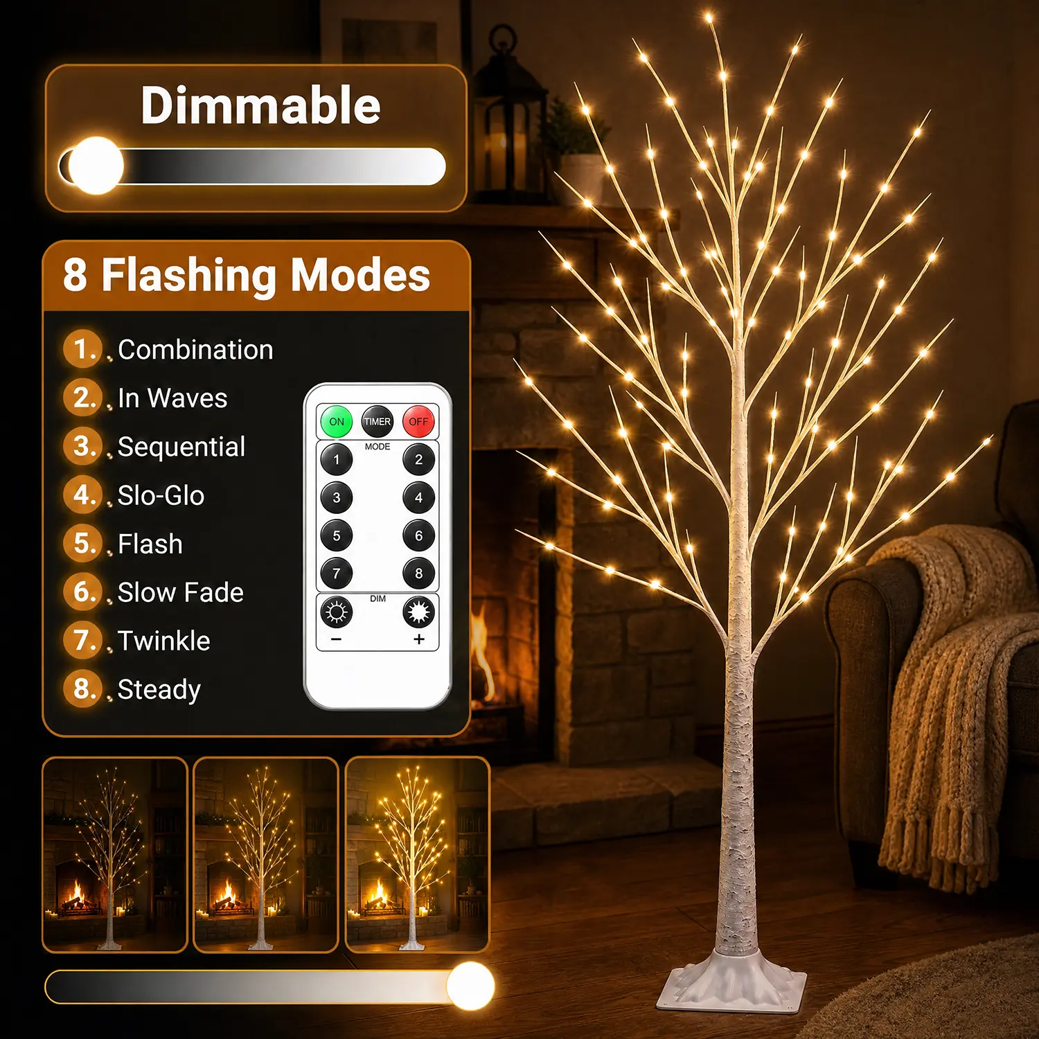 HOODINK 6FT Lighted Birch Tree, Birch Tree with 120 LED Lights, 8 Twinkling Modes , Dimmable, Twinkle Christmas Tree for Indoor Outdoor Home Party Garden Wedding Decorations
