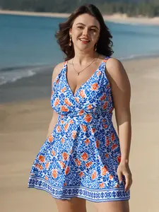 【Summer Turn-Up】【Tummy control】BlOOMCHIC Plus Size Breezy Print Pocket Surplice Swim Dress [M-6X] 2026 Summer Pick for Mother's Day