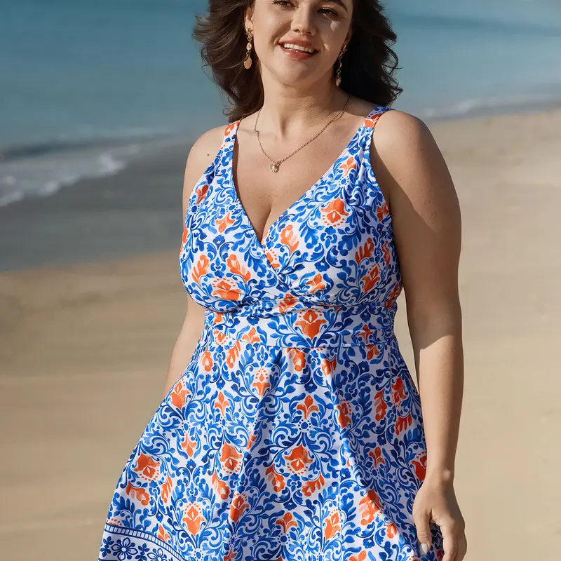 BloomChic Breezy Print Pocket Surplice Swim Dress 【M-6XL】