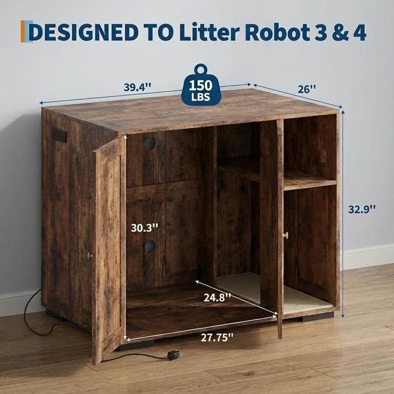 Large Robot Enclosure Cabinet, Cat Litter Box Furniture with Built-in Power Outlet, Dog-Proof Storage Shelf, Non-Slip Mat, 5 Ft Cord, Fits Automatic Self-Cleaning Litter Boxes, Easy Assembly, Brown