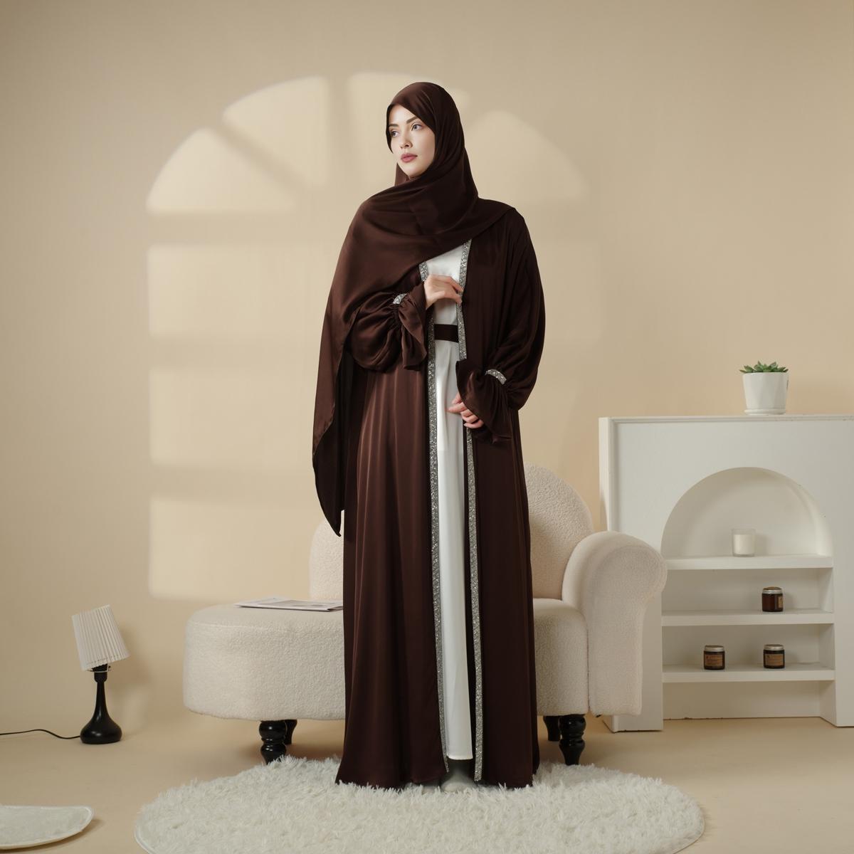 Poet Sleeve Satin Abaya Set | 4-Piece Satin Design | Shimmering Gem Details | Includes Open Abaya, Fitted Inner Dress, Hijab, Belt | Side Pockets & Round Neckline | Full-Length Elegance | Perfect for Weddings & Formal Events | elegant maxi winter jilbabs