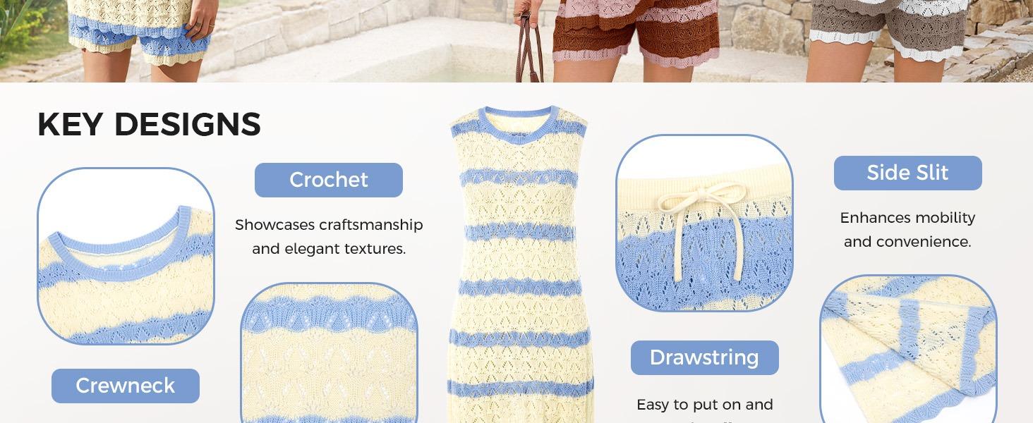 Fisoew Womens Striped Crochet Knit 2 Piece Set Sleeveless HollowOut Tank Top & Matching Shorts Breathable Beach Casual Outfit for Summer Vacation SpringStatements