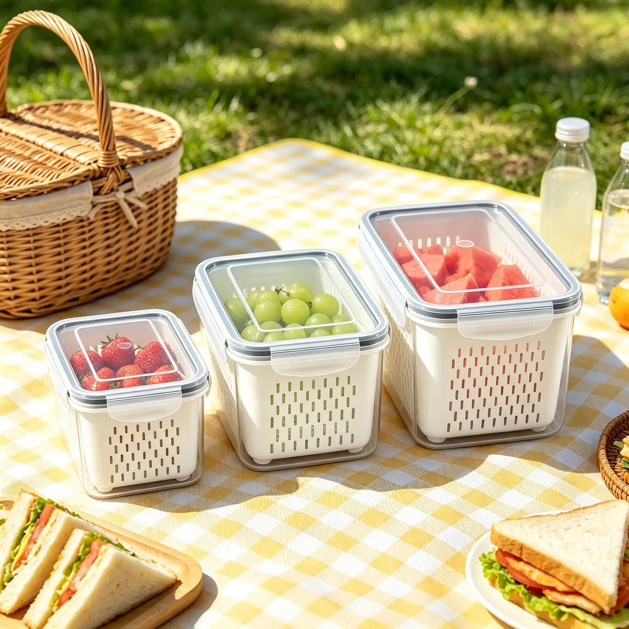 3 Pack Stackable Storage Bins for Fridge, BPA-Free Rectangular Food Containers with Airtight Lids, Perforated Removable Drain Colander Basket, Refrigerator Organizer