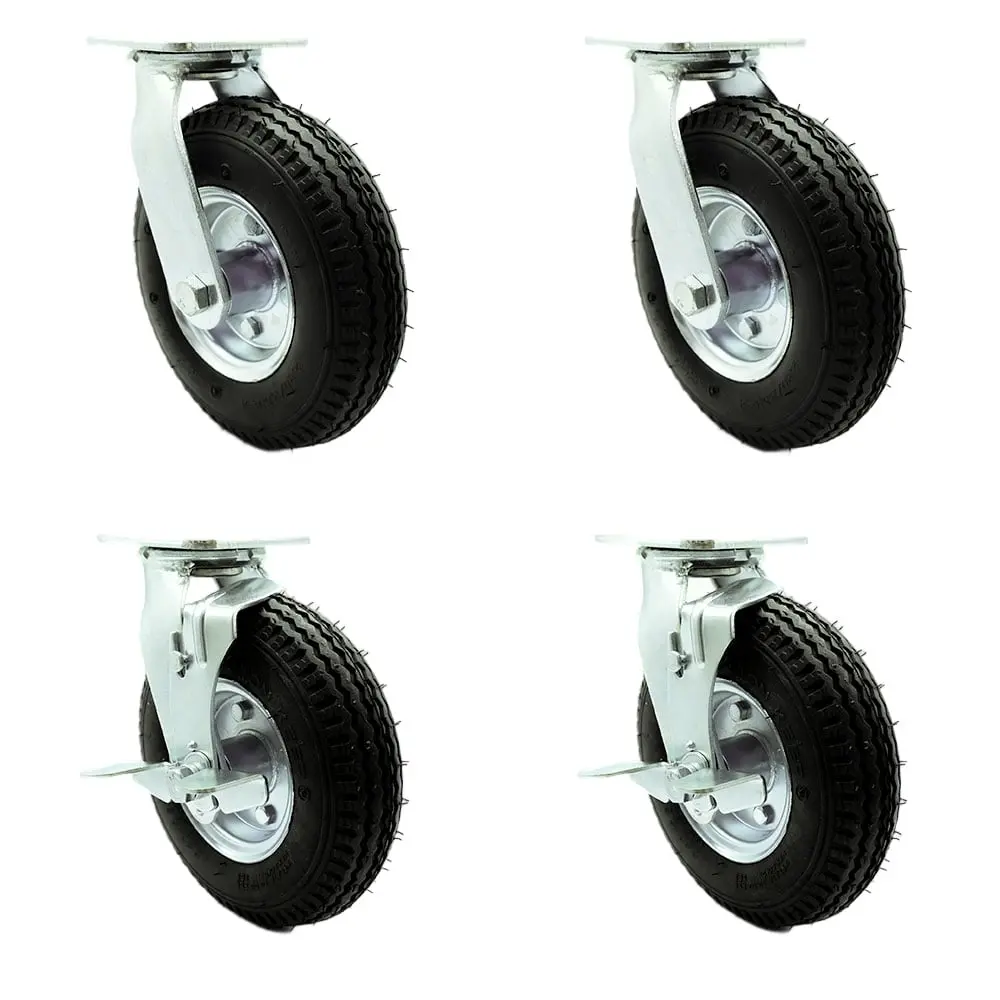 212 MAIN Service Caster SCC-100S280-PNB-2-TLB-2 8 in. Swivel Pneumatic Rubber Wheel Casters with Top Locks, Black - Set of 4
