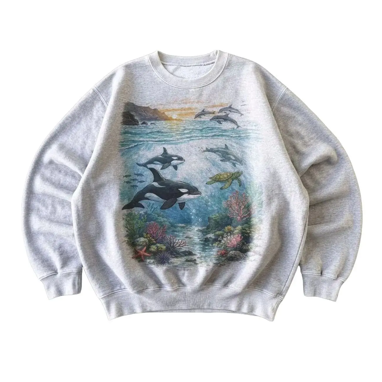 Orcas Sunset Sea Scene Vintage 90s Sweatshirt, Retro Ocean Dolpin Sweater, Cute Sea Turtle Sweater, Marine Life Graphic Crewneck