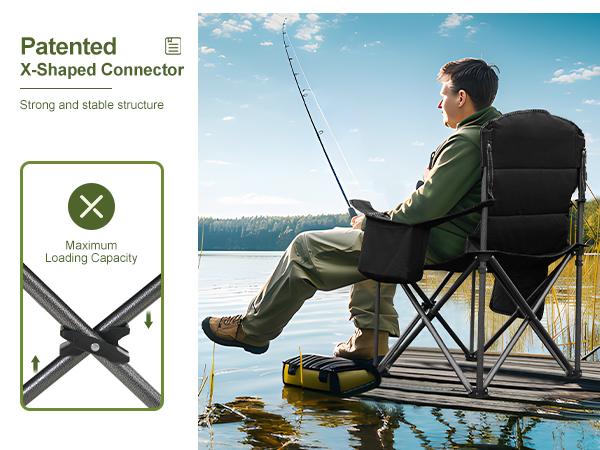 PHI VILLA Oversized Camping Folding Chair, Heavy Duty Support 450 LBS Steel Frame Collapsible Padded Arm Chair with Cup Holder Quad Lumbar Back, Portable for Outdoor