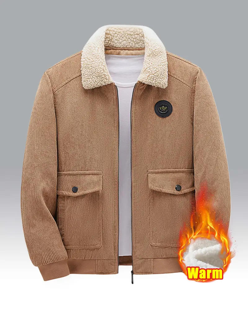 Menswear Plain Long-Sleeve Corduroy Collared Fitted Lightweight Fleece-Lined Jacket - Thick Warmth, Pocket Design, Suitable for Daily Casual Wear, Weekend Outings, Essential Wardrobe Basic Work Coat