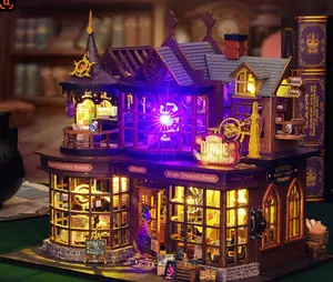 DIY Magic Treasure House Book Nook Kit with LED Lights, Wooden Miniature Bookshelf Insert Decor, Creative Gift for Adults