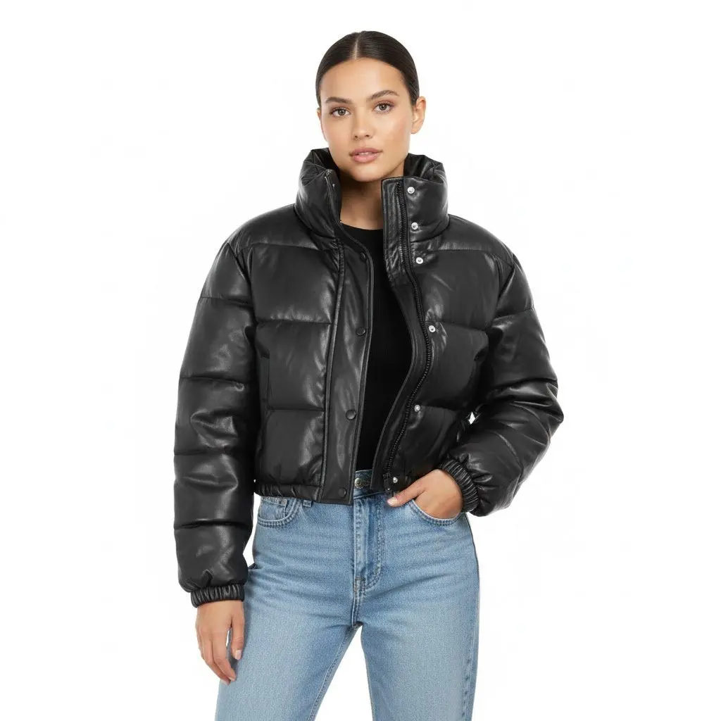 High Level Women's Cropped Turtleneck Puffer Jacket, Faux Leather Winter Tops with Polyester Padding and Pockets, Coats, Casual, Long Sleeve, Shell, Soft, Basic, Elastic, Zipper, Outerwear, Longsleeves, Snap, Pu Leather