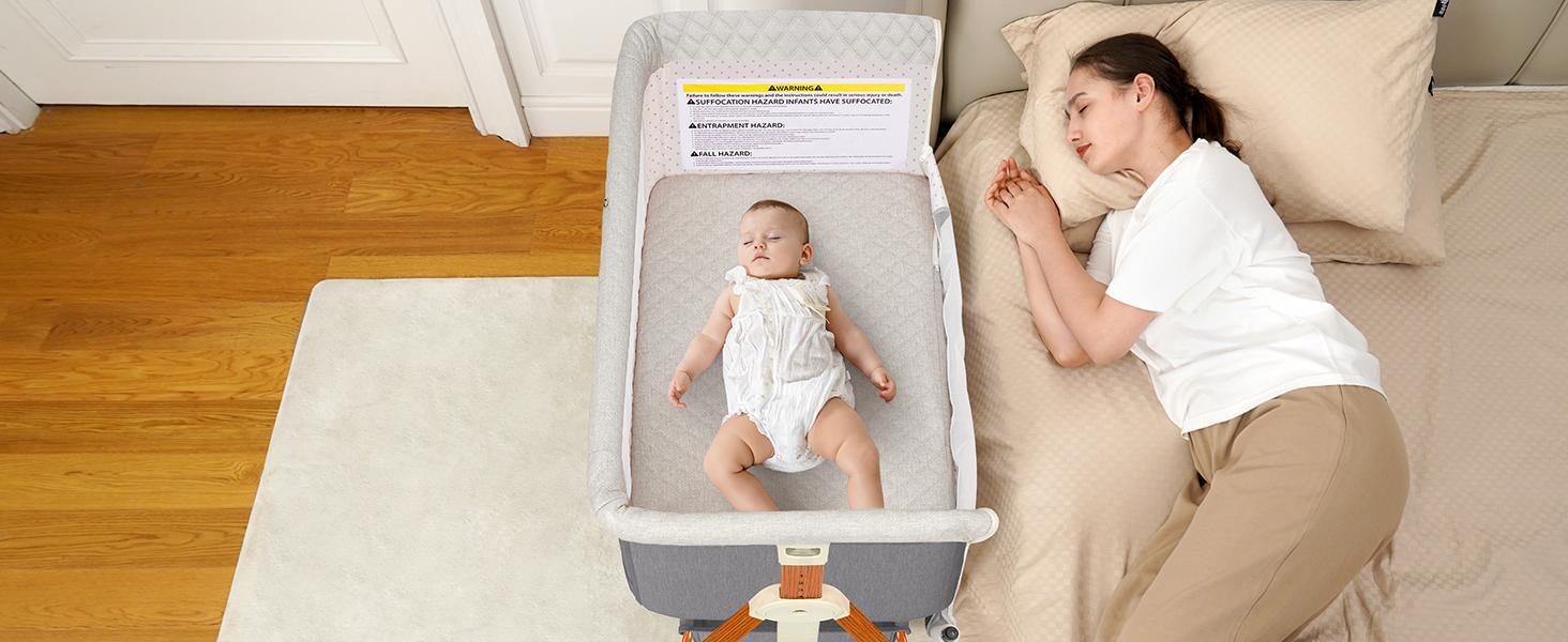 Baby Bassinet Crib Sleeper, 6 Height Adjustable Cribs, Easy to Fold Portable Crib Side Bassinet, Swing Cradle Bed Side Sleeper with Ventilated Net&Wheels