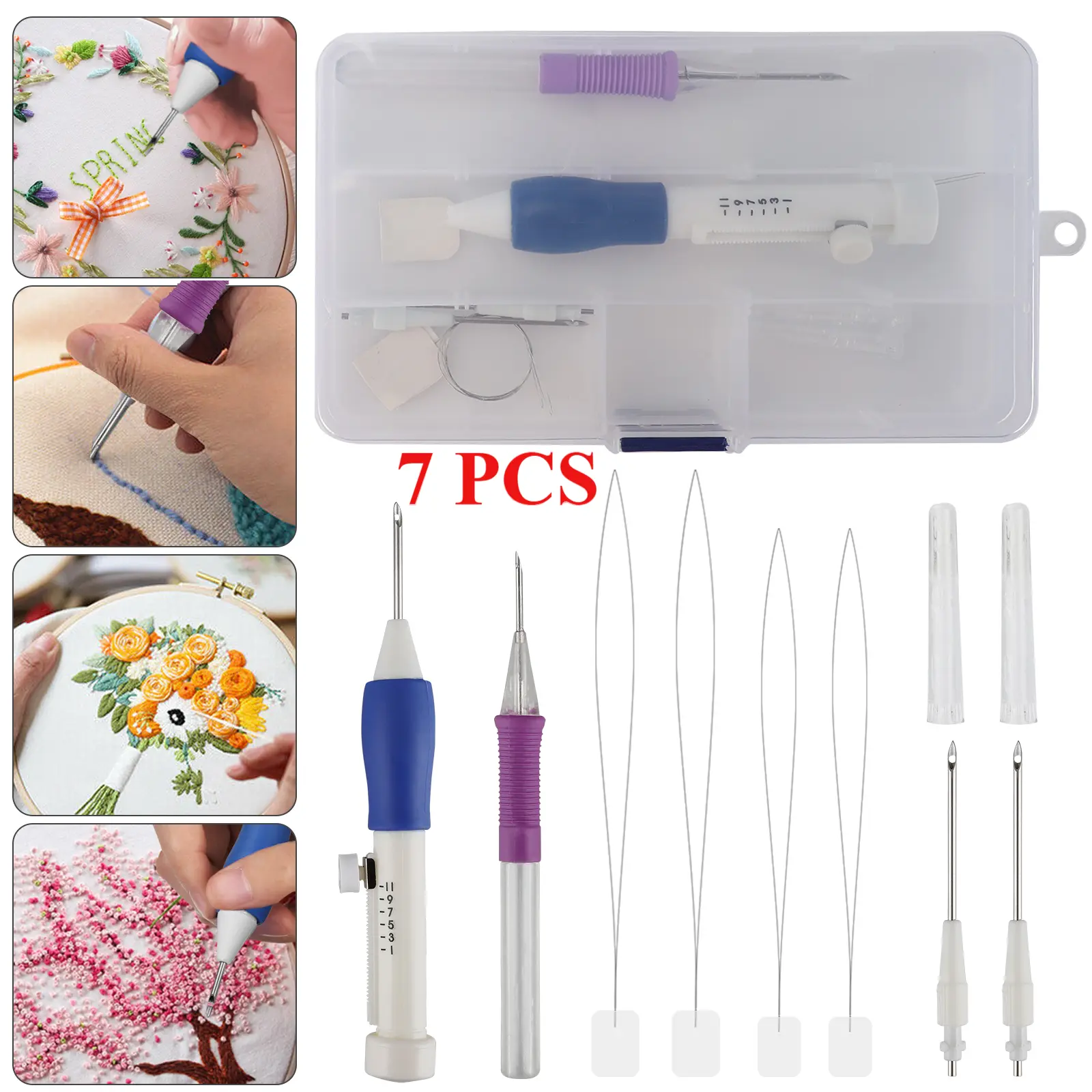7Pcs Embroidery Punch Needle Kit for Beginners - Punch Needle Stitching Knitting tool set Threaders Kit,DIY sewing supplies,  Gift Crafts Adjustable