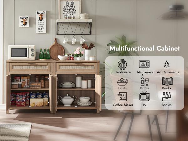 PieDle Furniture Rattan Sideboard Buffet Cabinet, Boho Storage Cabinet with Adjustable Shelves, Farmhouse Credenza Coffee Bar Cabinets with 4 Doors & 3 Drawers for Living Room, Hallway & Kitchen