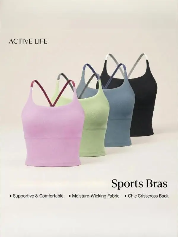 [4pcs]Sporty Women's Plain Criss Cross Sports Bra, Comfort and Durability Sports Crop Cami Top, Ladies Sportswear for Indoor Outdoor Wear, Gym Clothes backtoschool