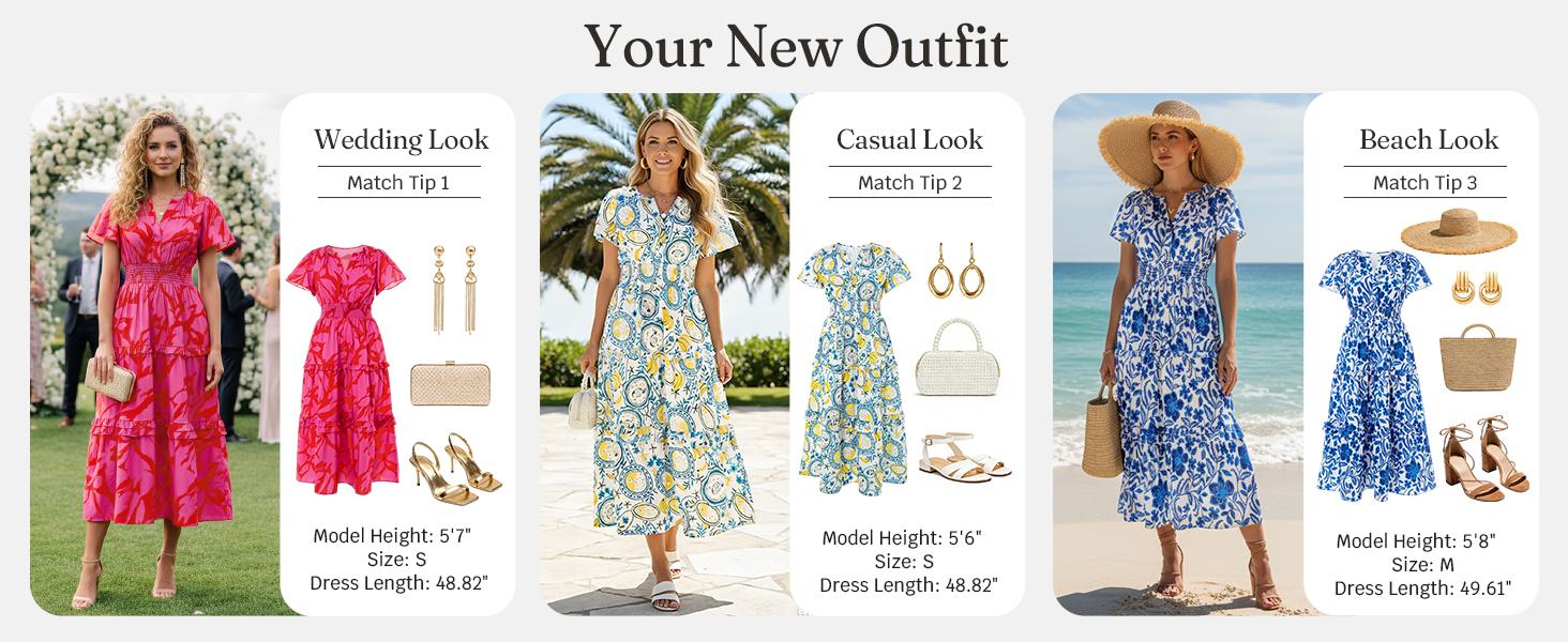 Wenrine Women&lsquo;s Summer Short Sleeve Maxi Dresses Casual Floral V Neck Smocked Tiered Flowy Boho Beach Sundress