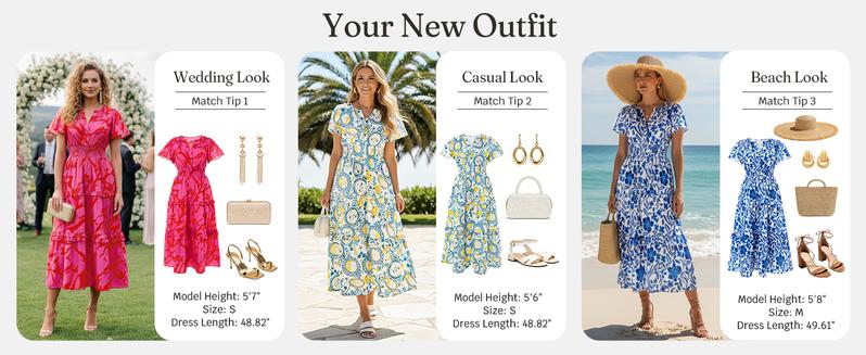 Wenrine Women‘s Summer Short Sleeve Maxi Dresses Casual Floral V Neck Smocked Tiered Flowy Boho Beach Sundress