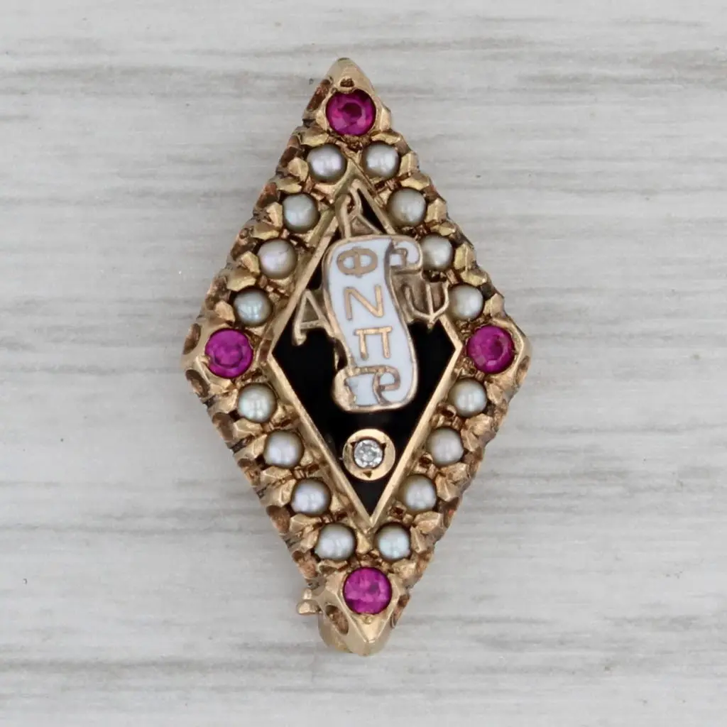 Kappa Alpha Psi Badge 10k Gold Diamond Pearls Synthetic Rubies Fraternity Pin