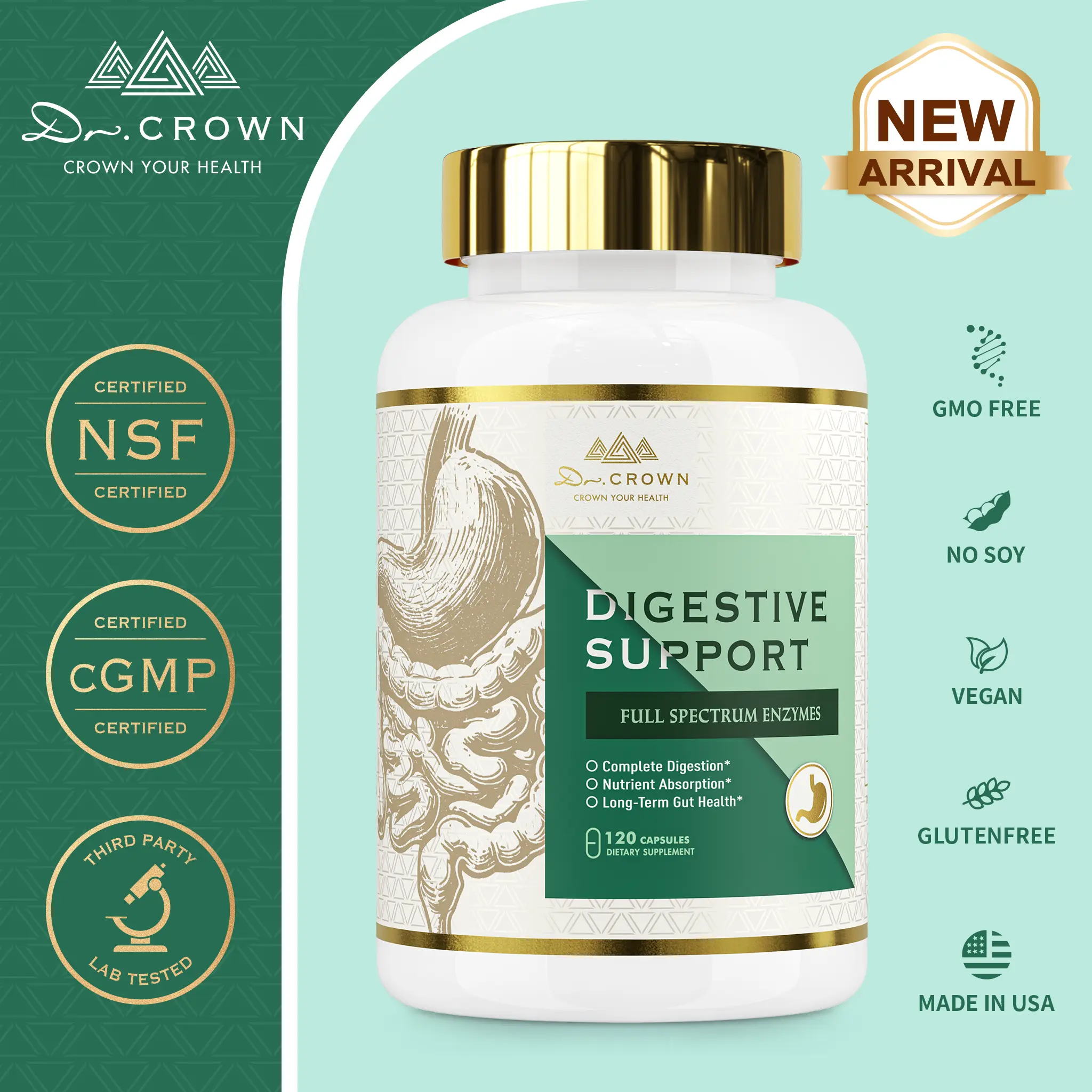 Dr. CROWN Digestive Enzymes for Men & Women – 15 Enzyme Blend + DGL & Slippery Elm | Bloating & Gas Relief | Food Intolerance Support | 120 Capsules