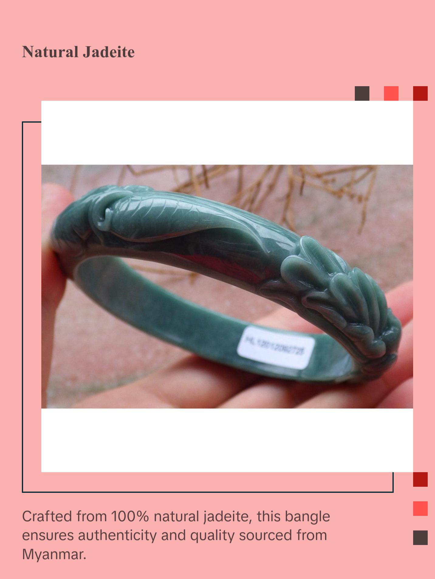 Certified Hand Carved Green 100% Natural Myanmar Burma A JADE Jadeite Phoenix Circle Bangle Bracelet 59mm