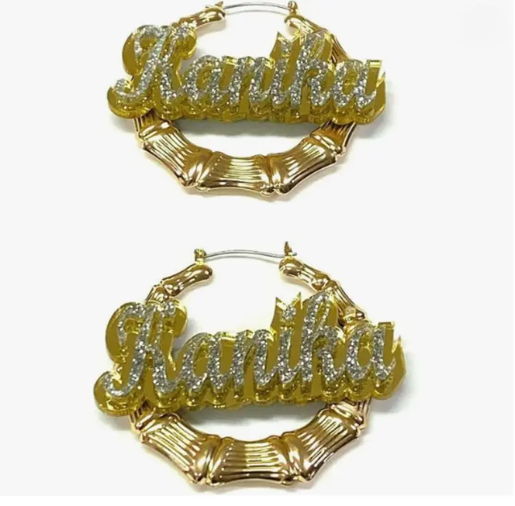 Personalized Custom Gold/Silver Hoop Bamboo Earrings Name Plate Laser Cut Design Stunning Look - Quality, Attractive Gold/Silver Bamboo Earrings, Made To Order 1.5-3.5 INCHES sizes